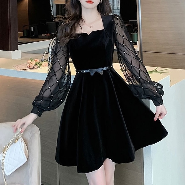 【12月下旬入荷】チェックシアースリーブフレアワンピース