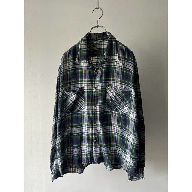 60's tartan check cotton open collar shirt