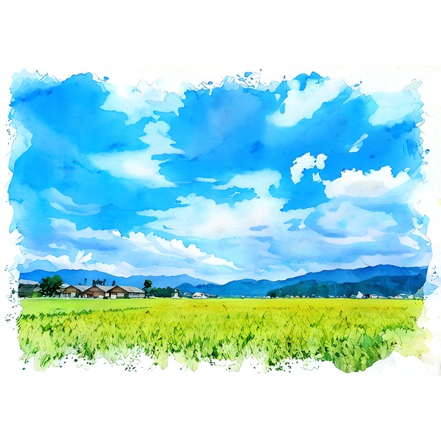 絵画 日本の田園風景と青空 風景画 インテリアアート額付き 水彩画・油絵風  WAT0135