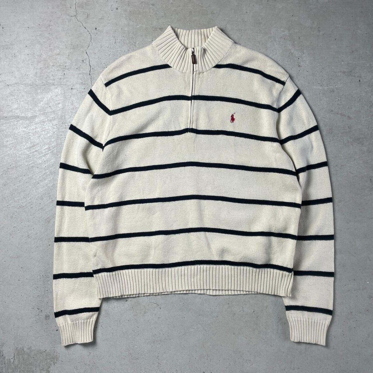 Polo by Ralph Lauren ポロバイラルフローレン ボーダー ハーフジップ コットンニットセーター メンズXL 古着  オールドラルフローレン ワンポイント刺繍 ハイネック オフホワイト 白色 生成り【ニットセーター】 | cave 古着屋【公式】古着通販サイト