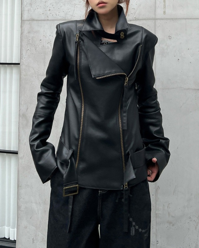 Asymmetric Faux Leather Rider Jacket［A0398］