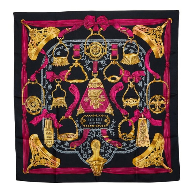 エルメス カレ90 ETRIERS 鐙 スカーフ ブラック マルチカラー シルク レディース HERMES 【中古】