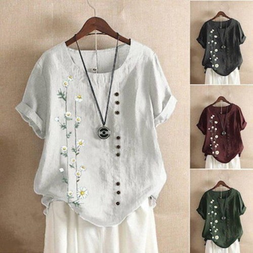 トップス シャツブラウス シャツ プルオーバー ブラウス レディース ロング丈 半袖 Uネック 花柄 柄 刺繍 綿混 通気性 大きいサイズ ゆったり 着痩せ 夏 30代