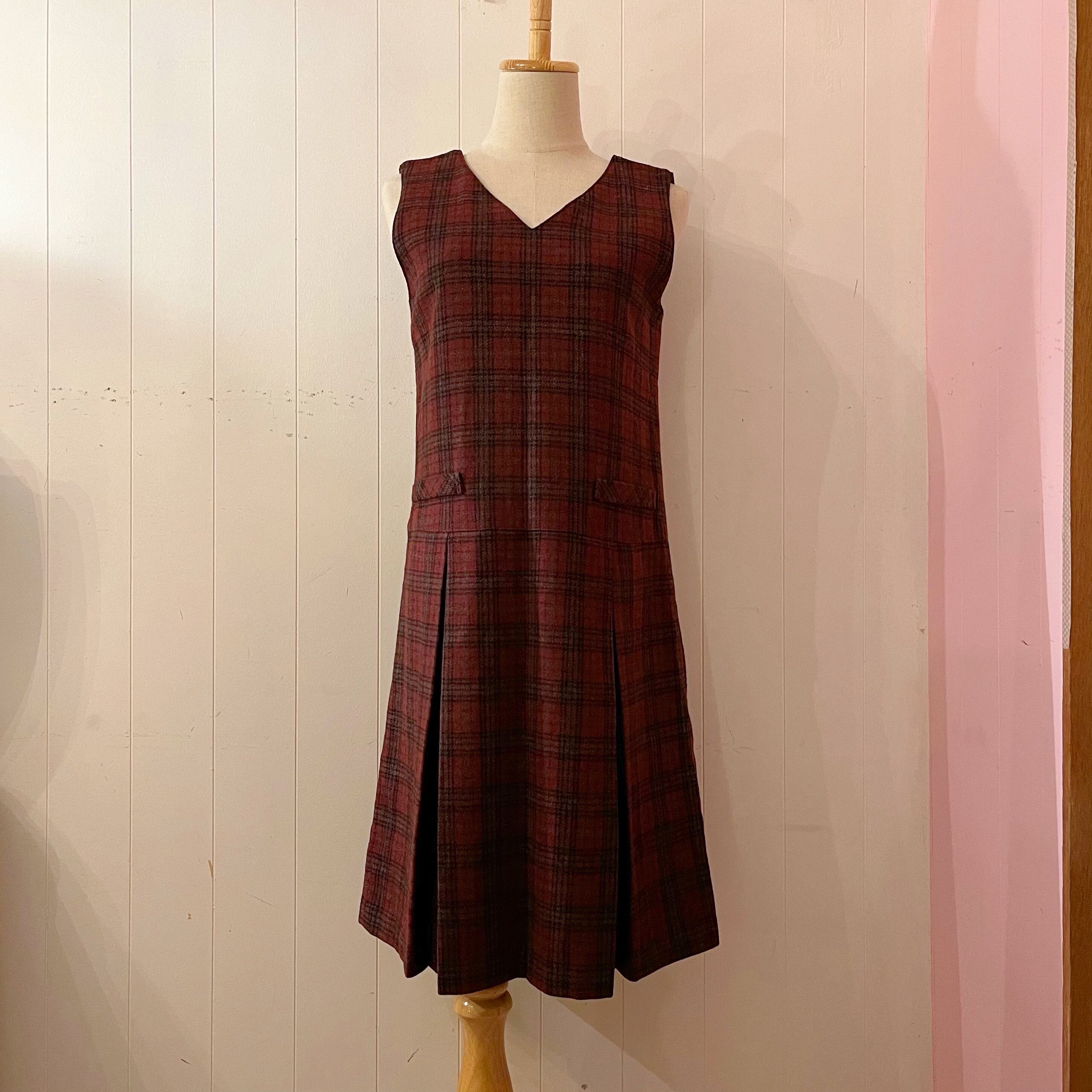 red check back button jumper skirt