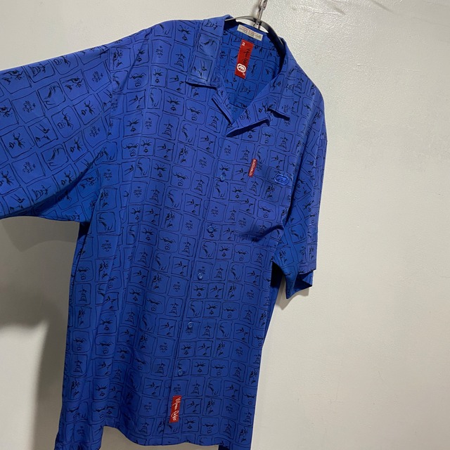 『送料無料』90s ecko アートデザインオープンカラーシャツ　表情　顔　半袖ポリシャツ