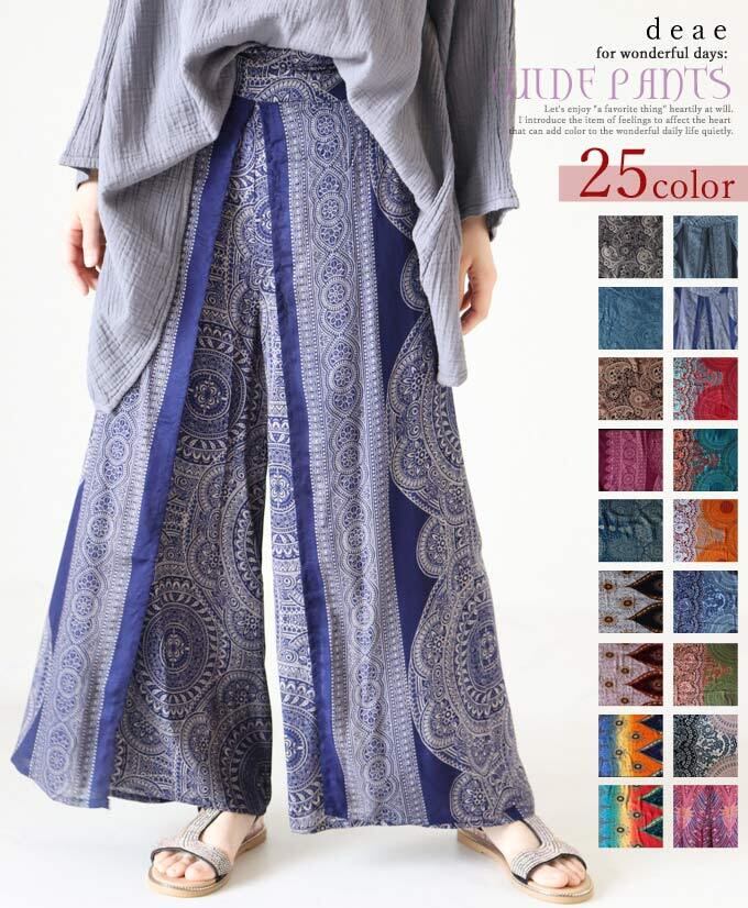 【再入荷3/10】ラップ風デザイン ワイドパンツ ラップパンツ ボトム 総柄 ボヘミアン アジアンテイスト ドレープ レディース 夏 春 ファッション オリエンタル エスニック カジュアル「オリエンタル柄 風に舞うワイドパンツ」dc10118