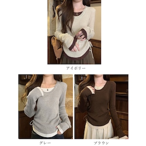 レイヤード風 リブニット 長袖 レディース 春秋 韓国 ニット トップス きれいめ 大人 カジュアル シンプル 配色 Uネック リブトップス 着回し インナー 大人可愛い 大人女子