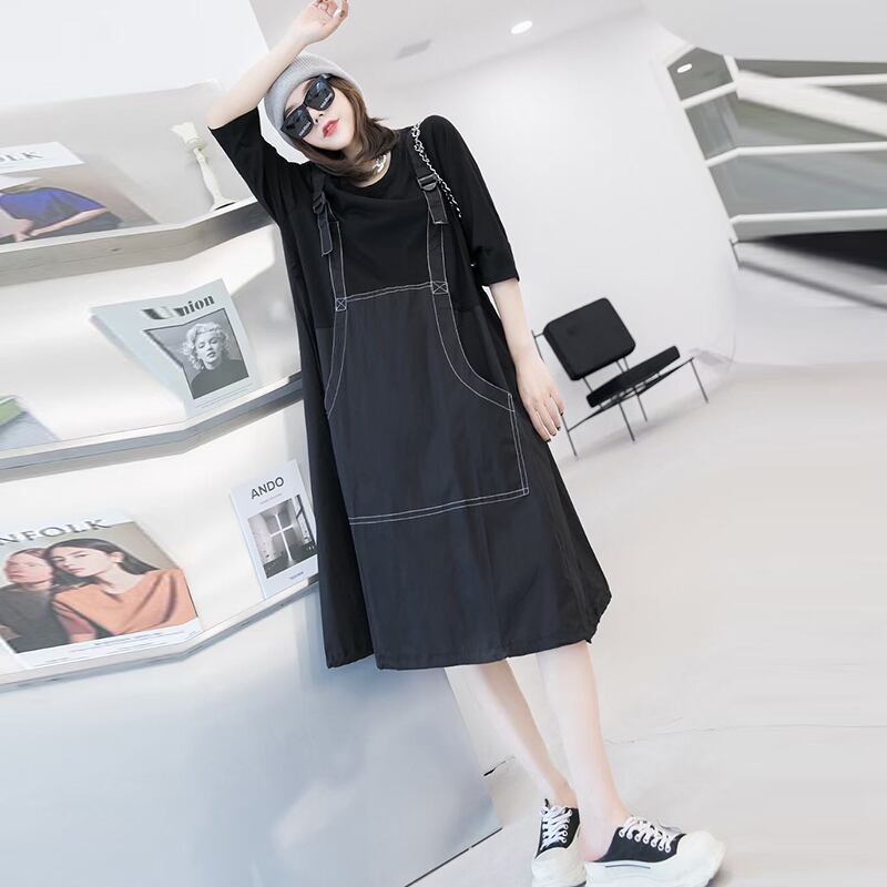 プラスサイズの女性の脂肪のmmドレス2020年秋の新しいスタイルのカバー肉を明らかに薄い脂肪の妹偽のツーピースの女性のスカート ミックスインファッション88798212052