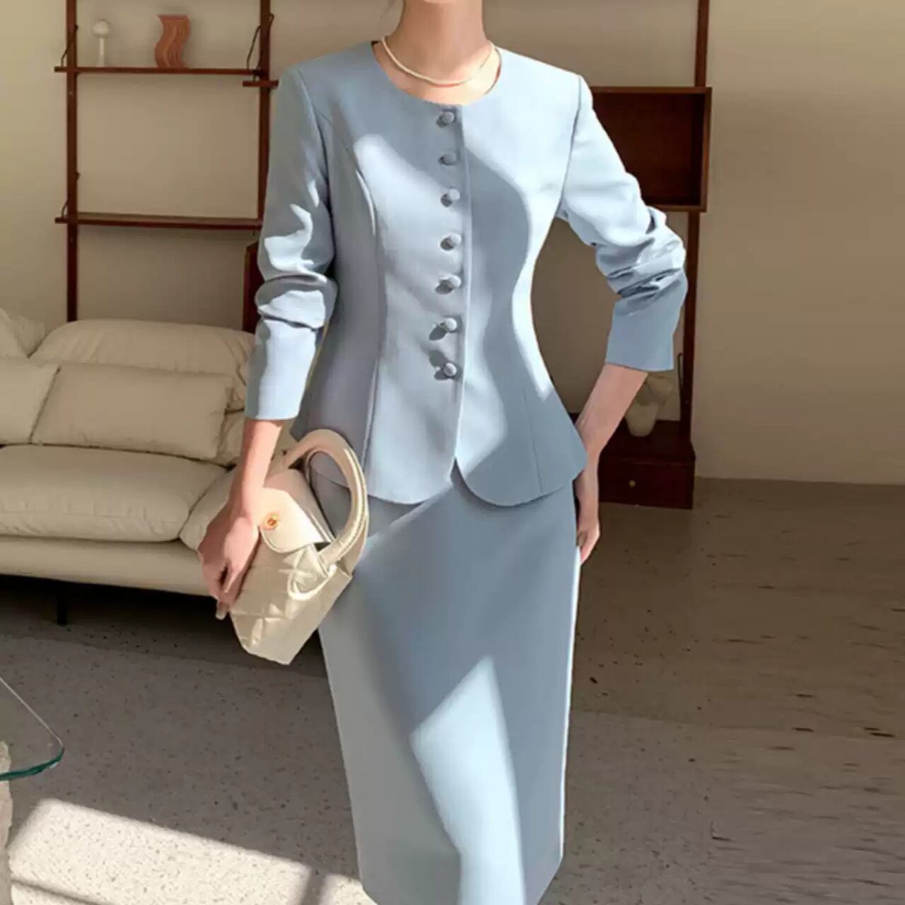 ノーカラー ジャケット スーツセット-ベイビーブルー