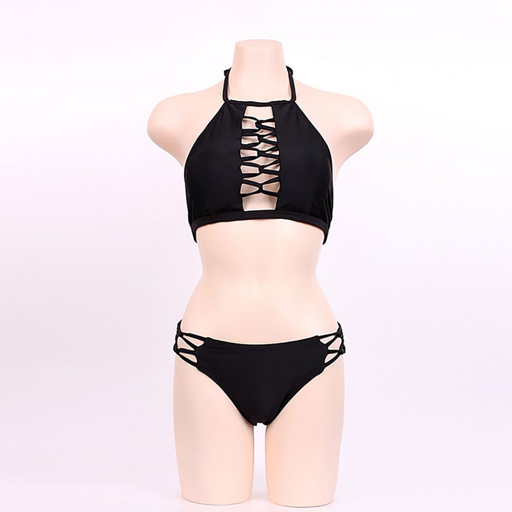 新品タグ付き⭐︎whipbunny ブラック レース シフォン セパレートビキニ 水着 レースアップクロスホルタービキニ上下 ビキニ ブラック 黒