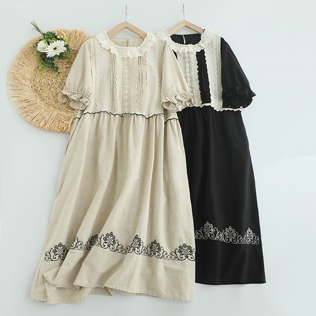 コントラスト刺繍レースワンピース W0780