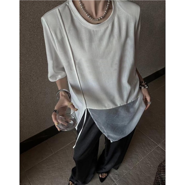 shoulder padded slit t-shirt 10948