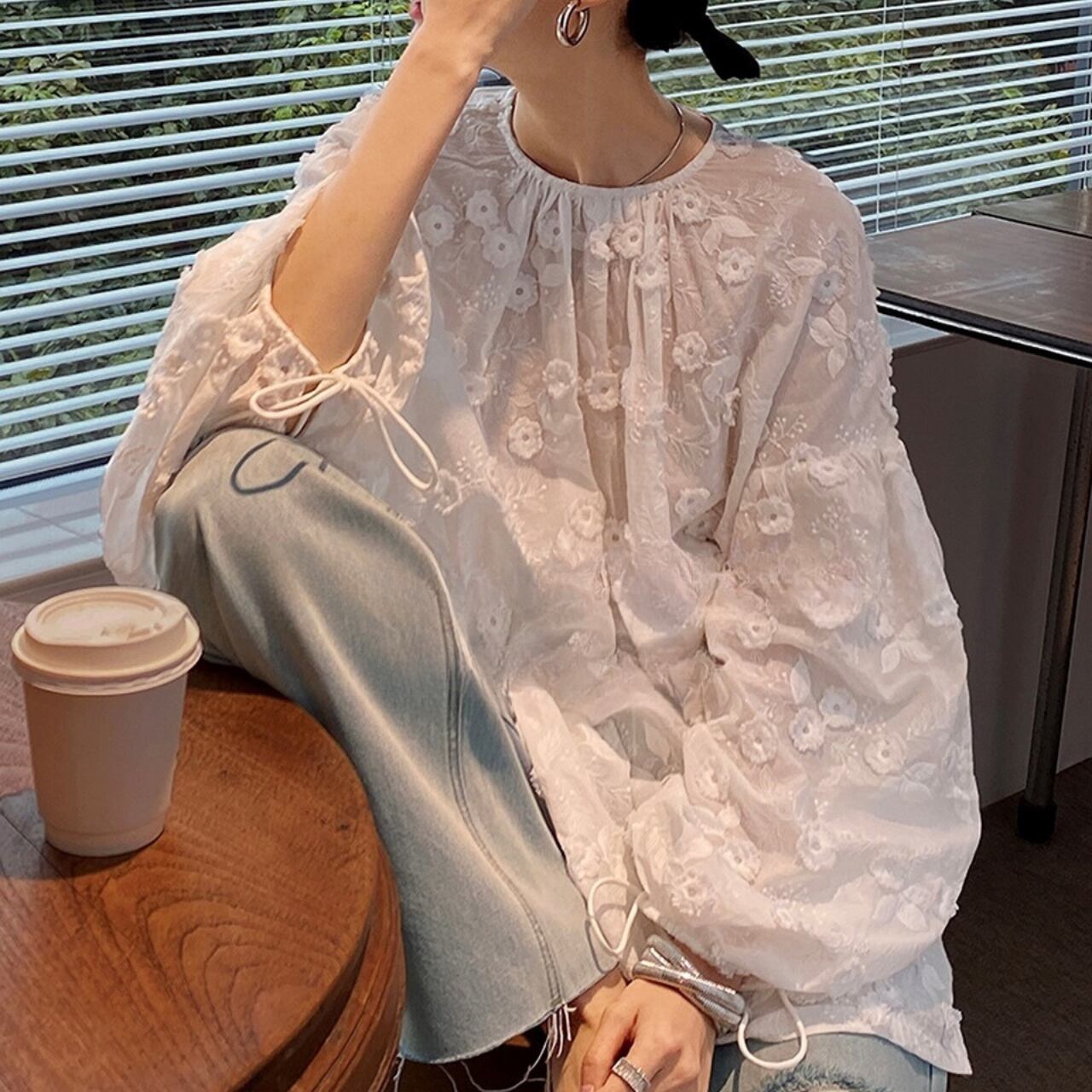 フラワーレースシアーブラウス R00463