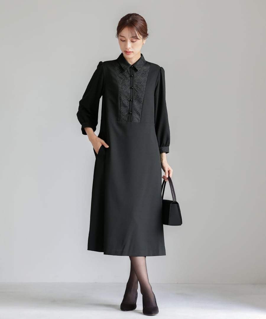 最強配送】喪服・礼服【洗えるフォーマル】胸元レース切り替えデザイン