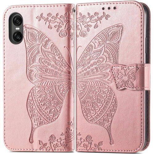 Xperia 10 VI ケース 手帳型 ローズゴールド au SO-52E ケース 財布型 カード収納 かわいい 蝶々 フラワー柄 シンプル おしゃれ ドコモ SOG14 手帳型ケース 良質 革 レザー マグネット式 SoftBank A402SO 携帯ケース 横置きスタンド機能付き エクスぺリア10VI SO52E スマートフォンケース 耐衝撃 ストラップホール付 画面保護 3310