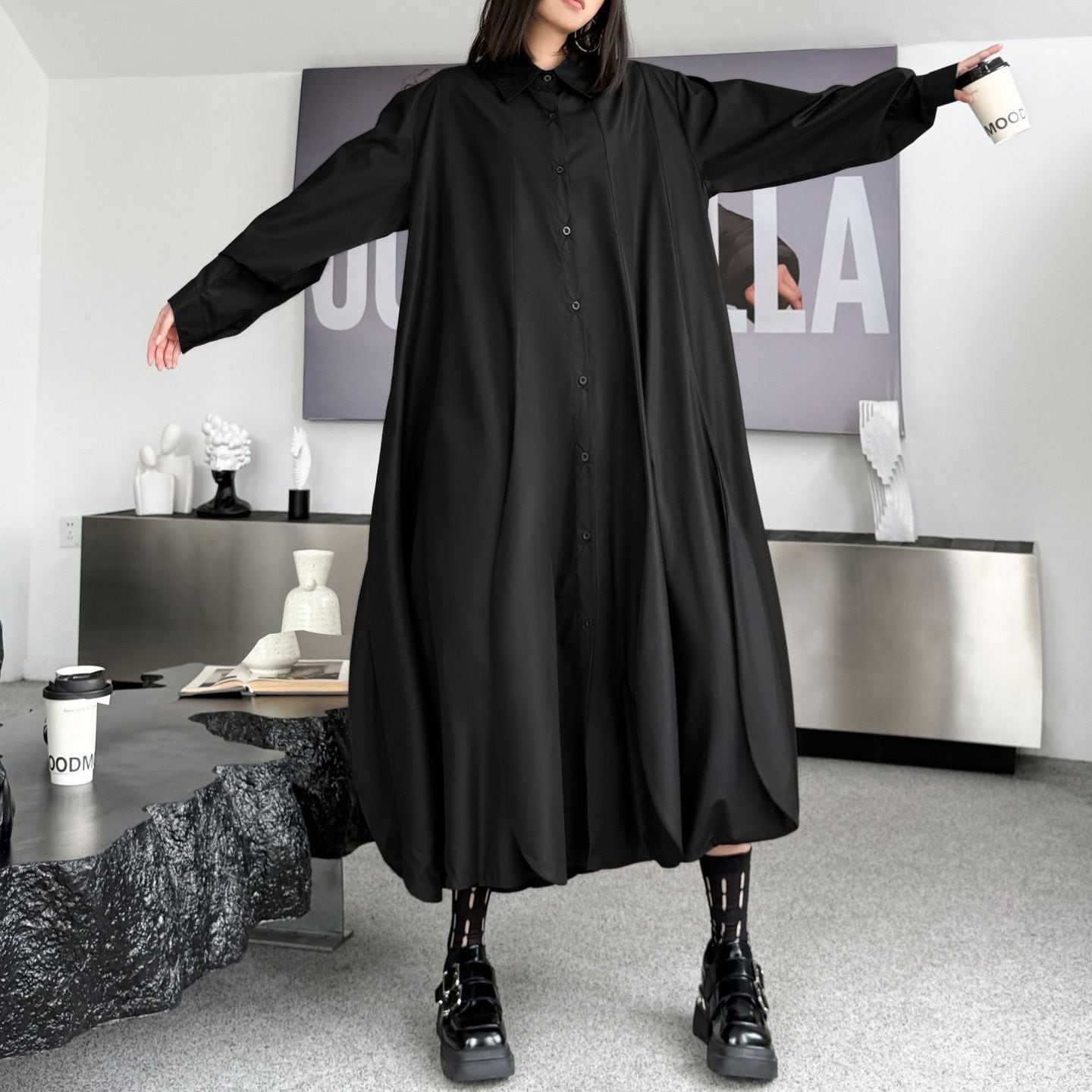 BLACK PETAL FLAP HEM LONG SHIRT DRESS 1color M-14989