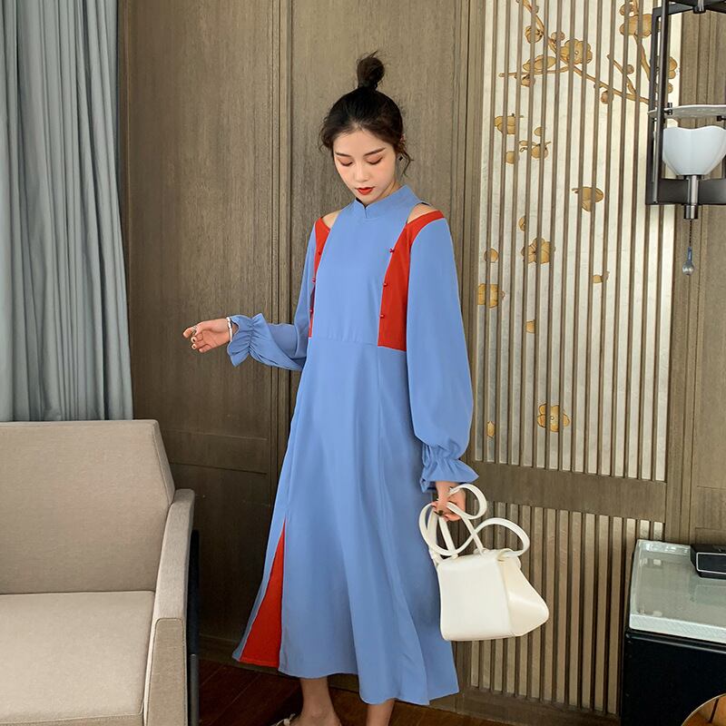 【新作】【送料無料】 マタニティウェア2020秋と冬の新しいファッションは、チャイナドレスのオフショルダードレスを改善し、年齢を減らすミドル丈のマタニティドレス-アリババ オータム 秋物 ウィンター 冬物 expec218570692111