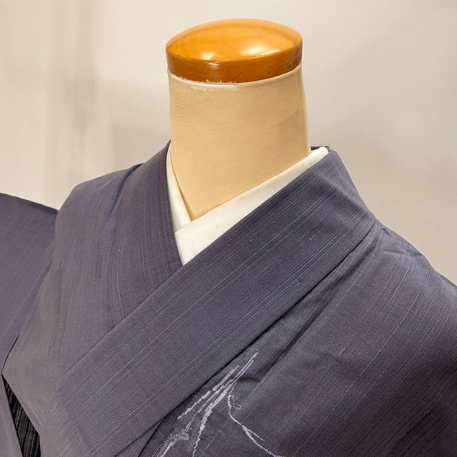 小紋 夏 紗 夏小紋 洗える着物 裄67cm 身丈161.1cm レトロ ポリエステル グレー 紫 中古 L サイズ 5629