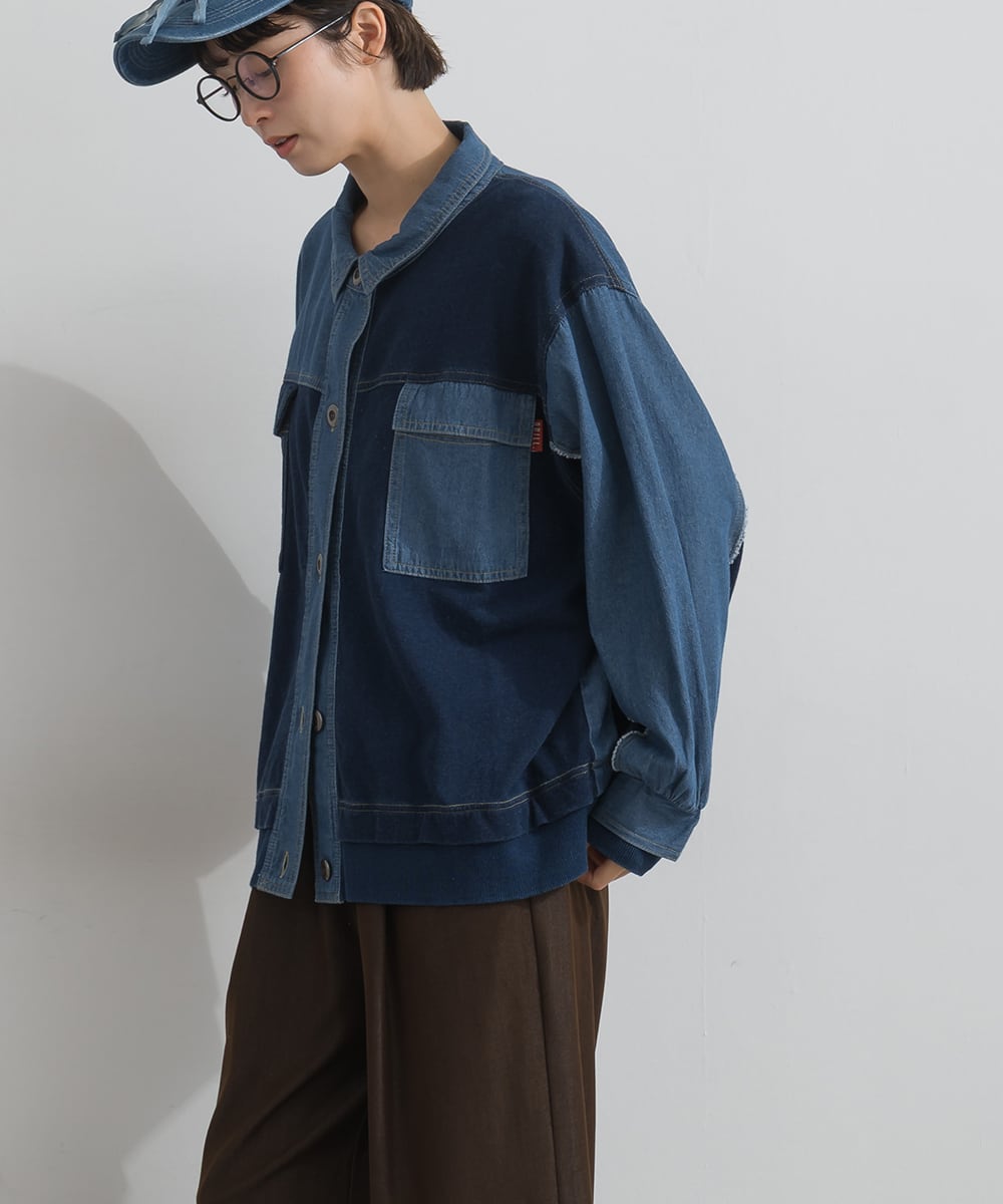 J263053 硫化染め・インディゴ染め 綿裏毛×7ozデニム リメイク風