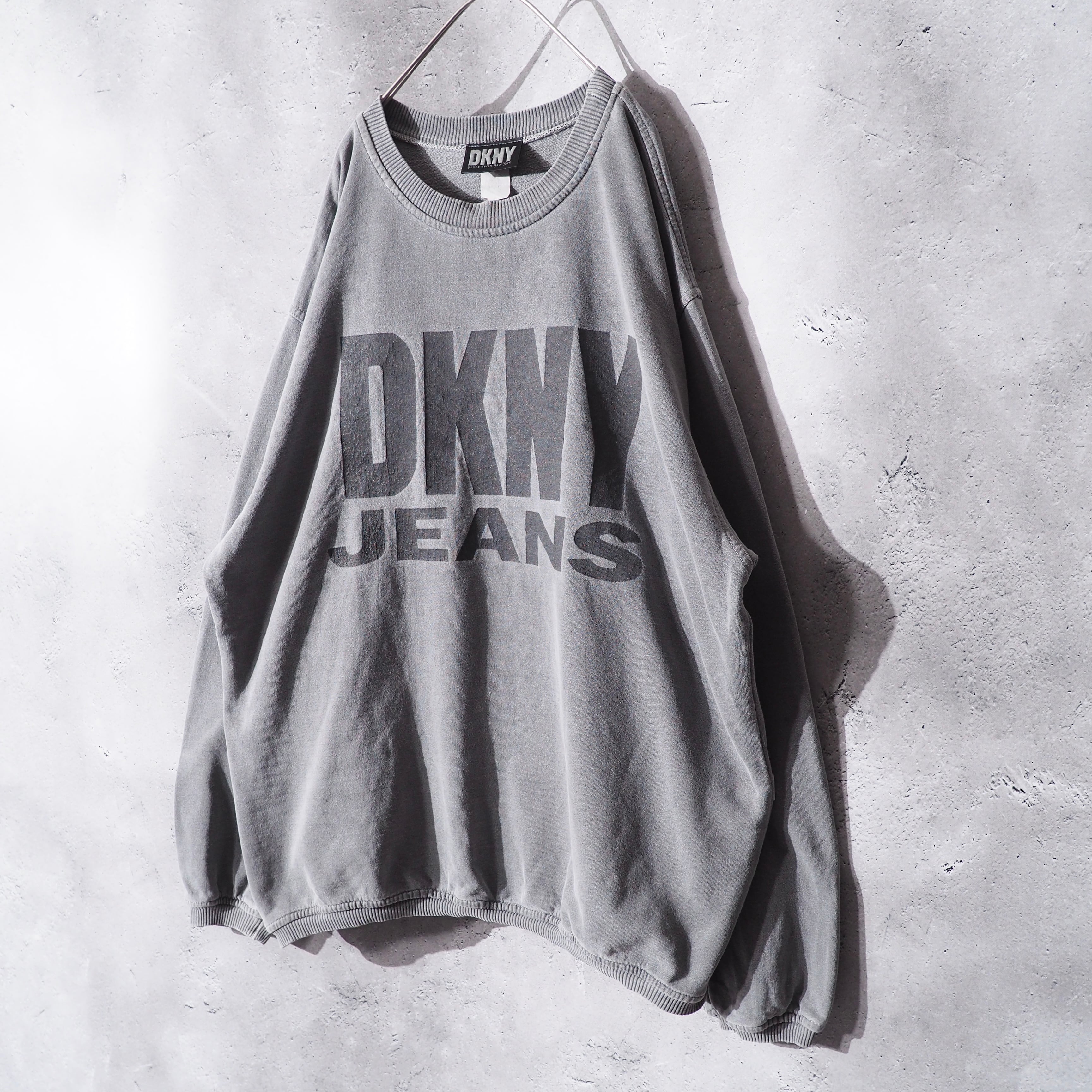 1990s " DKNY " Good Fade × Logo Printed vintage loose sweat shirt (Made in USA)