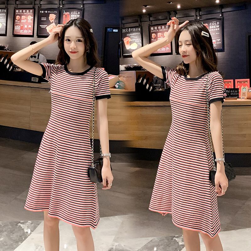 【新作】【送料無料】 半袖夏の母乳育児ドレス産後の女性ストライプコットン授乳ストレートドレスジッパー看護服 ショート ハーフスリーブ サマー 夏物 AL expec398676232130