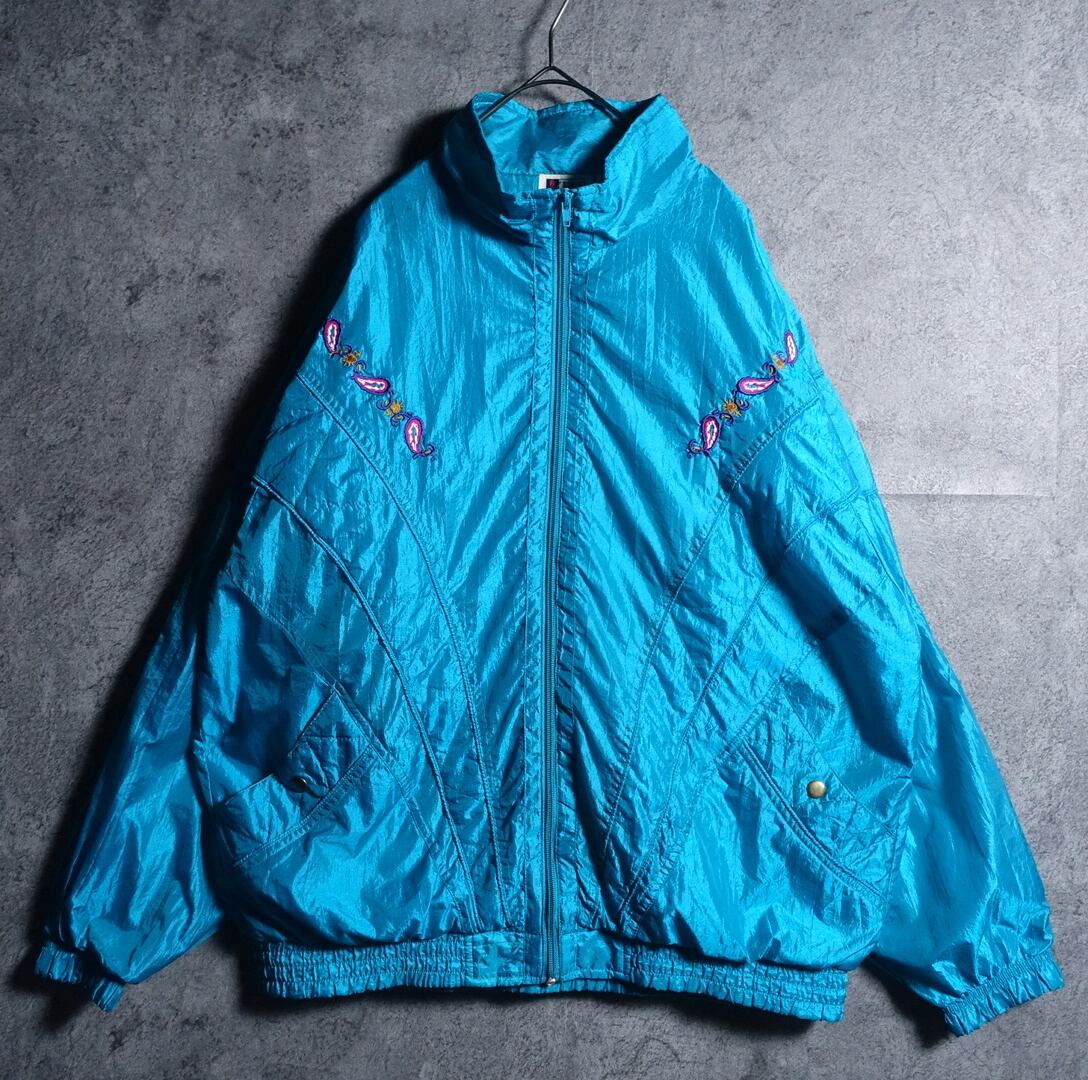 Turquoise Blue Paisley Motif Design Nylon Jacket