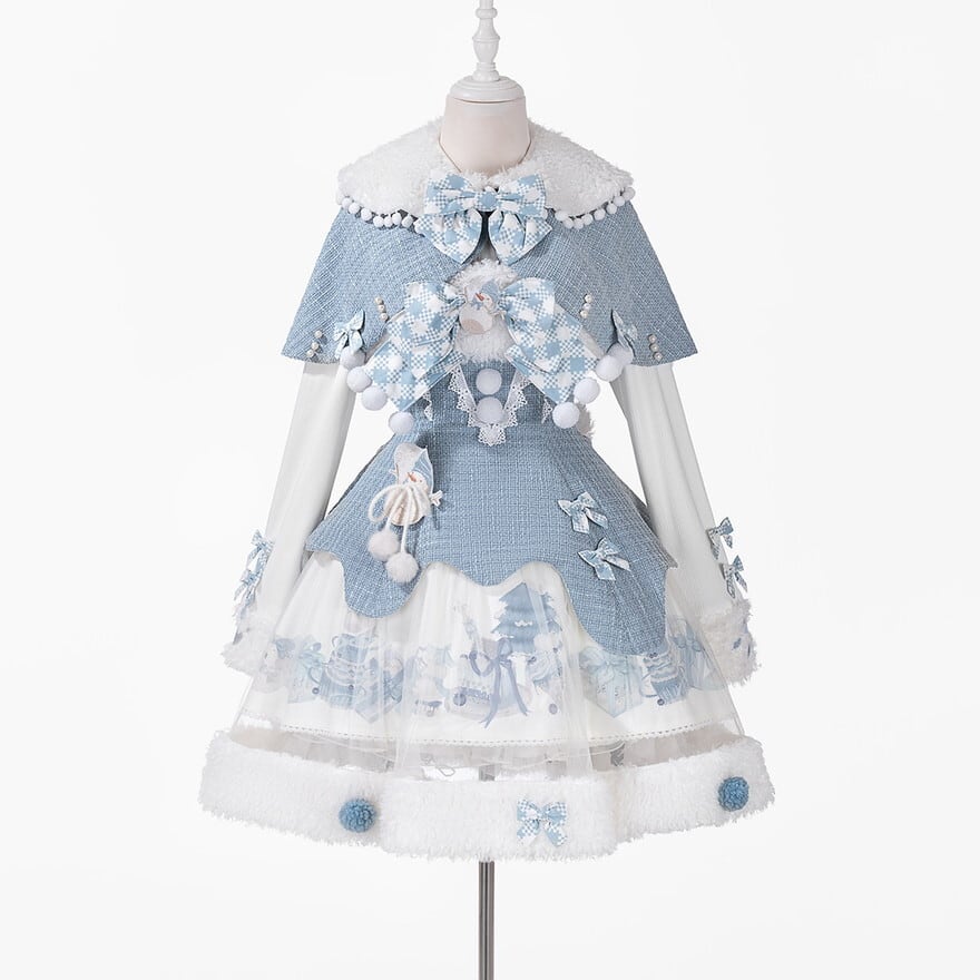 スノーファンタジー風|アイスブルー×ファー装飾の甘ロリ系ウィンターロリィタセットアップ(3点セット)