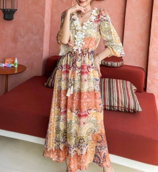 ボヘミアンワンピース O1127 Leaf Tone