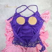 社交ダンス 衣装 ラテン ワンピース ドレス ピンク系 フリル 光沢 華やか アーム アームカバー チョーカー ラインストーン 装飾 キラキラ かわいい ダンス衣装 イベント ステージ パーティー ダンスパーティー おしゃれ