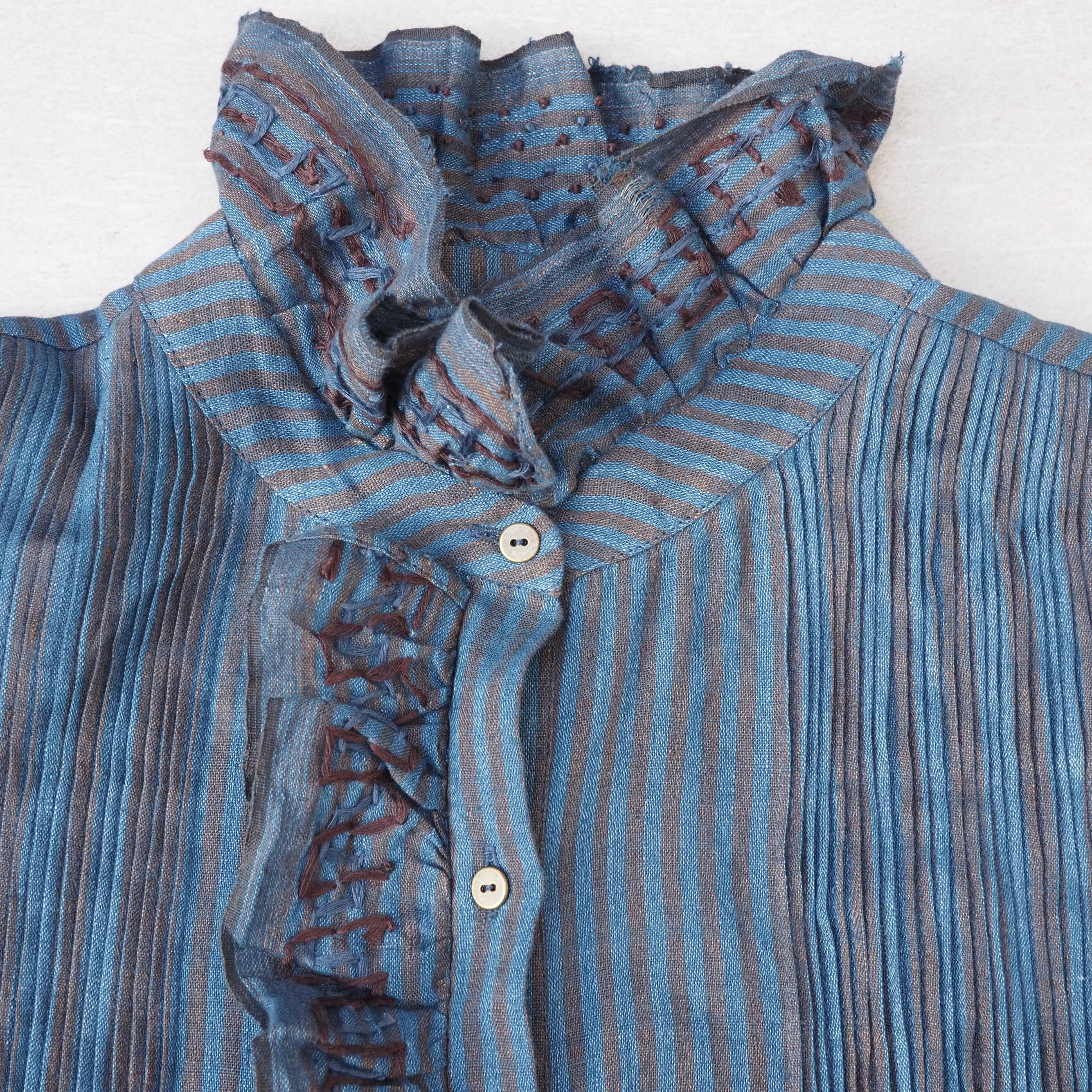 BUNON/Embroidery Frill Blouse /ブラウス(Brown×Blue strip)