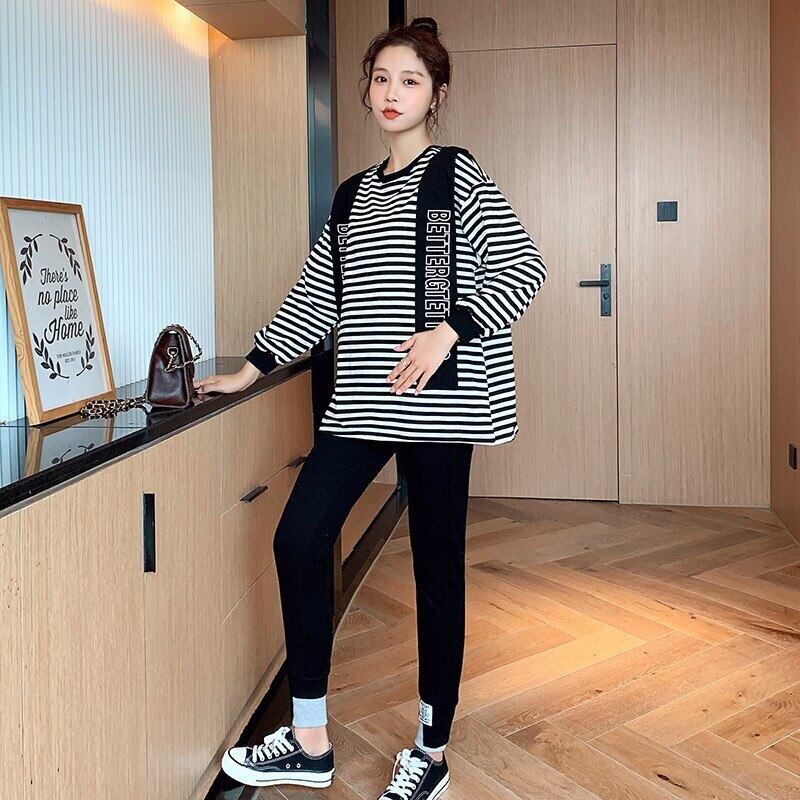 【新作】【送料無料】 8133＃秋のマタニティストリップシャツトップス+パンツセットスポーツスーツ服妊娠中の女性妊娠中 オータム 秋物 AL expec495200069427