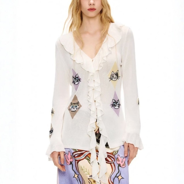 ひし形に遊ぶ猫たちのフリルリボンニットカーディガン E00647