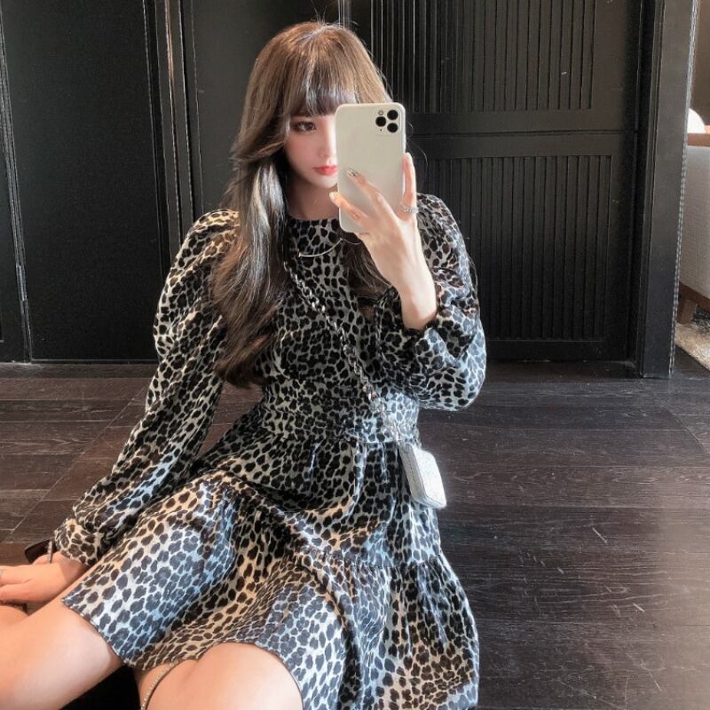 ヒョウ柄フリルワンピース2020年秋冬新作長袖半袖スモールブラック気質スカート ブラックストロベリース12249855764