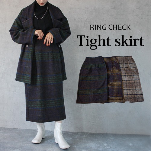 【リングチェックでモードな印象に仕上がる★リングチェックタイトスカート】リングチェックバッグスリットタータンチェックタイトスカート3カラー