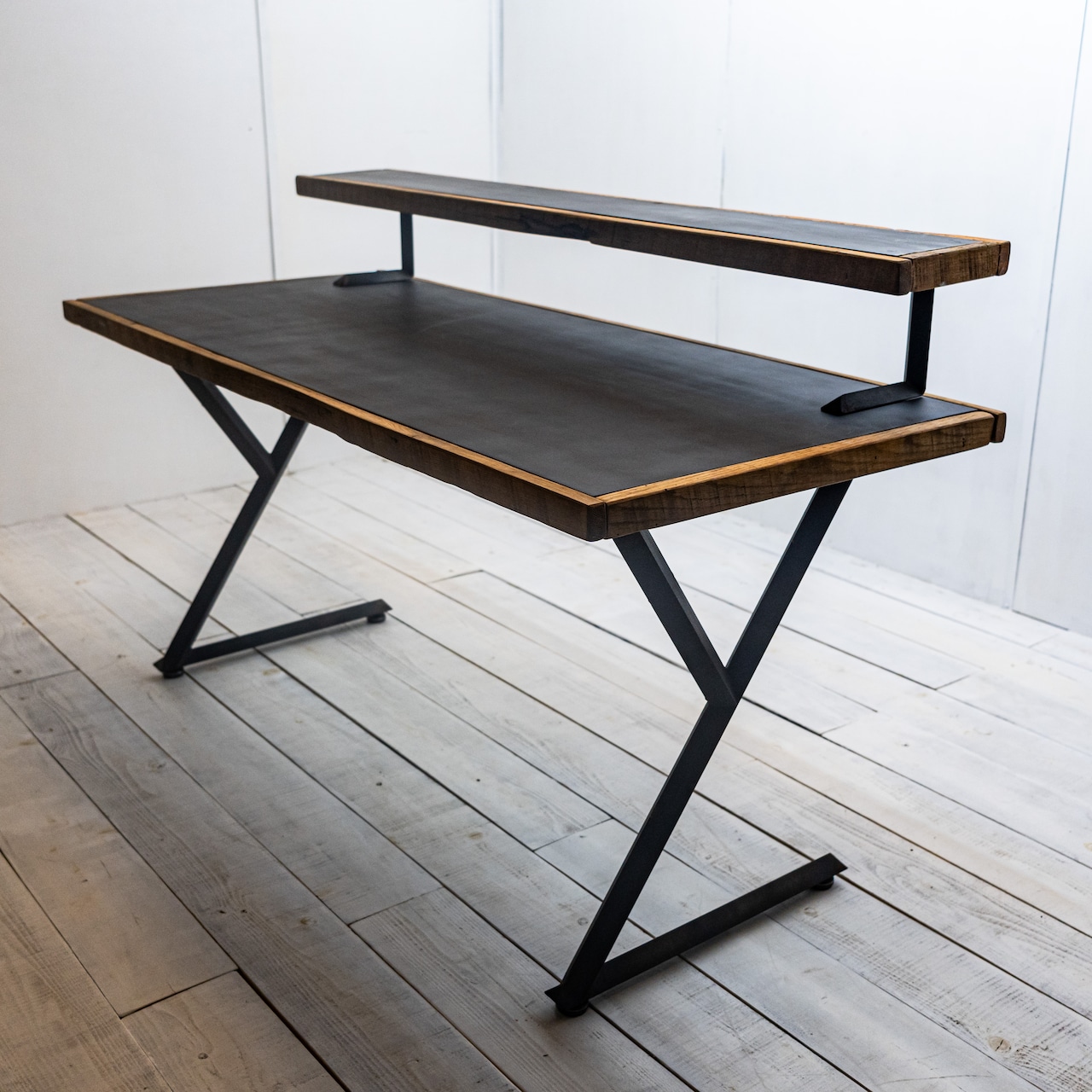 Black iron & Old oak work desk y edge legs