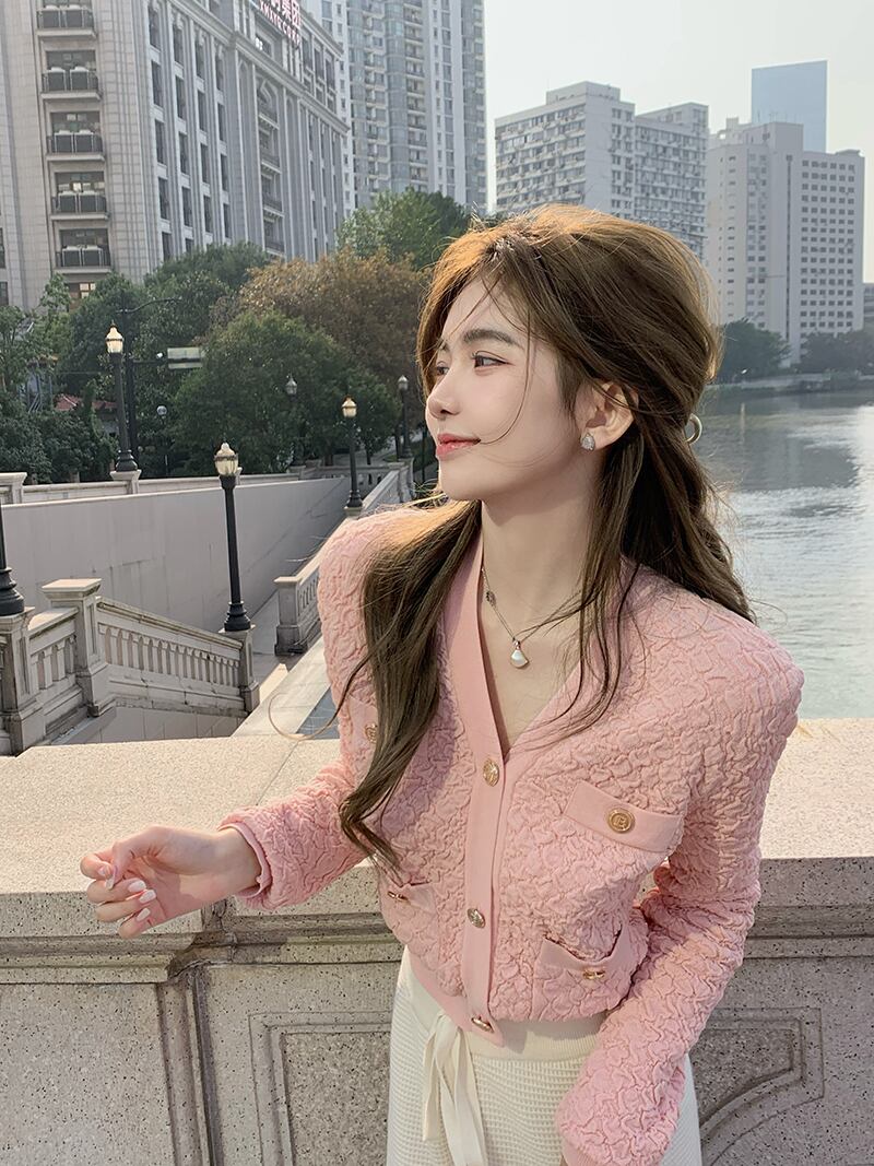 ニットカーディガンオータムセーター ショートシャツ ロング ピンク 秋物 ブラックストロベリース9281618556