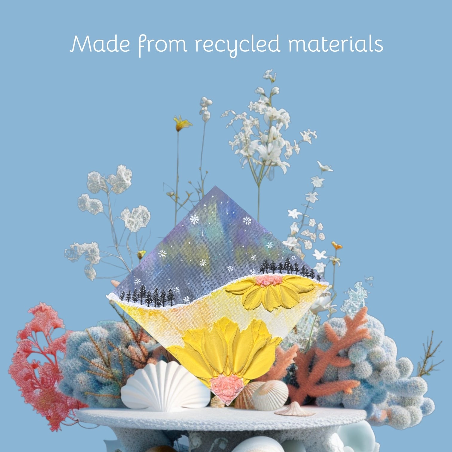 冬のオーロラと夏の向日葵 テクスチャーアート 15cm