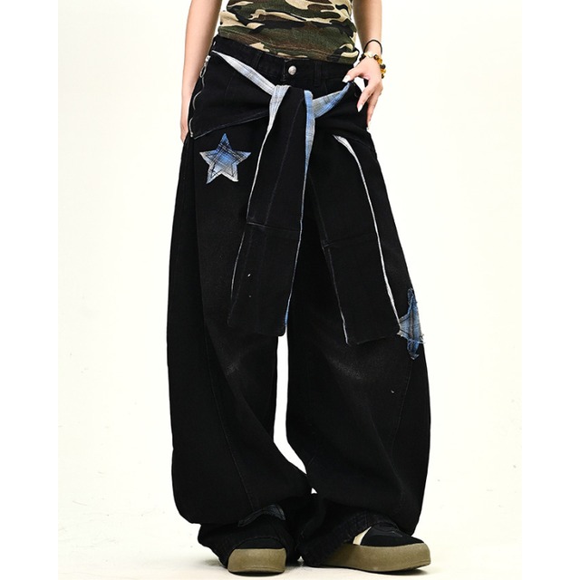 waist wrap style check star denim　腰巻風チェックスターデニム　J1207