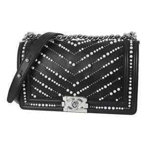 Used CHANEL シャネル ボーイシャネル 25 Vステッチ パール チェーンショルダーバッグ ブラック 超美品