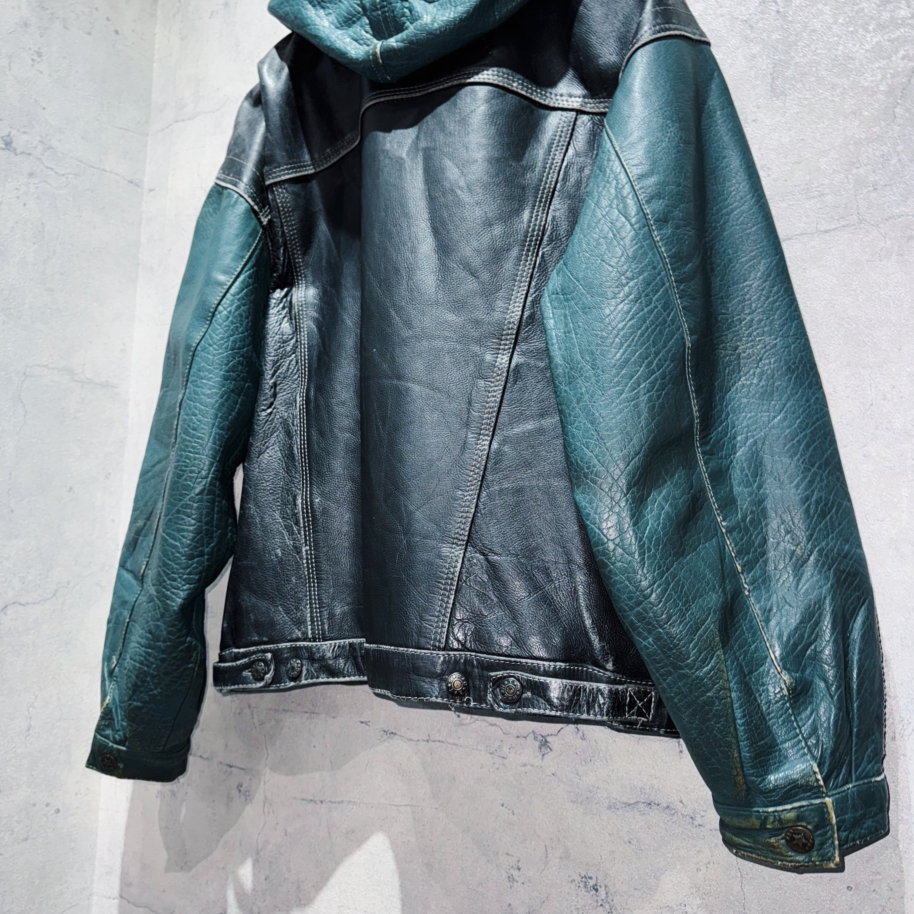 special 90's 2way cowhide switching color design hoodie leather