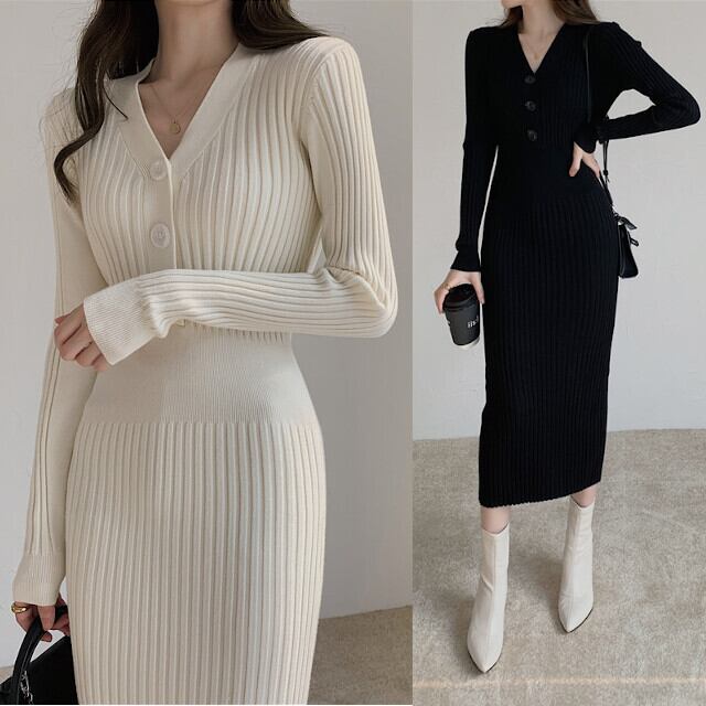 ワンピース レディース ロングワンピ ニットワンピ Vネック くびれ タイト ミモレ丈 シンプル ベーシック リブ アプリコット/ブラック S/M/L/XL
