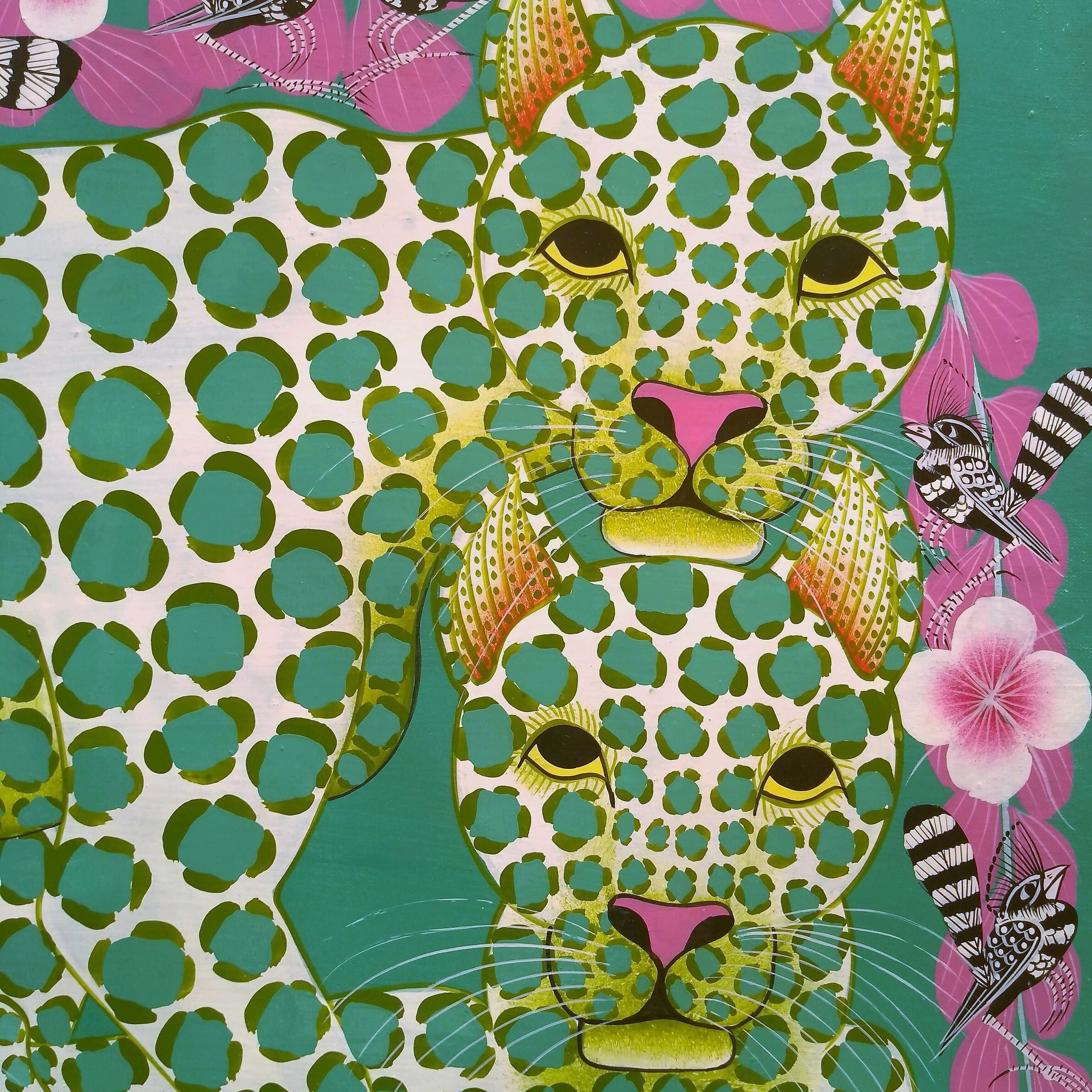 ヒビあり『 Green Leopard family 』Big-Tingatinga by Zuberi 50*70cm