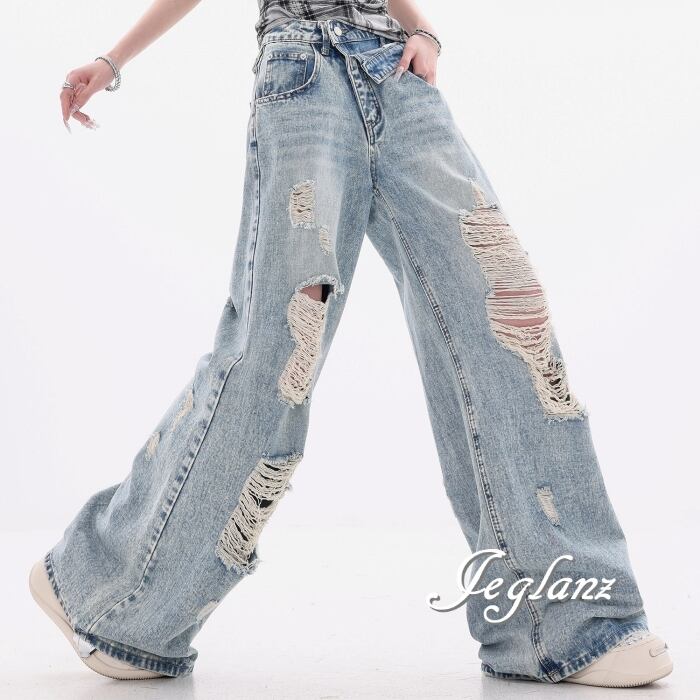ウオッシュド クラッシュ ワイド デニム パンツ ユニセックス(MC617)