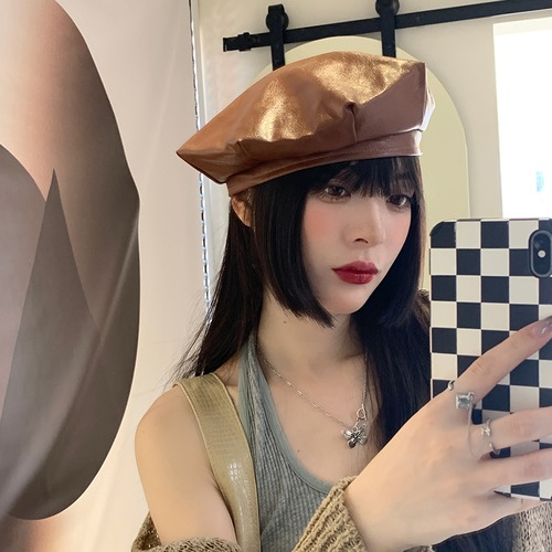 レザーサマースタンダードレッド薄手 レトロ 帽子 夏物 ベレット ヘアアクセサリー ブラック・アイド・ピーズ22321512755