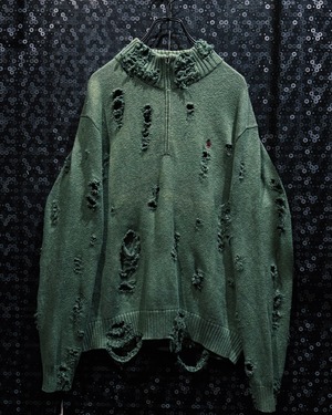 【ÆIEM】original “re:make” boro “Polo Ralph Lauren” half zip damaged knit sweater