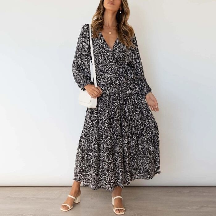 プリント ワンピース ドレス 水玉 ドット ティアード 共ベルト ♪(M9450)γα