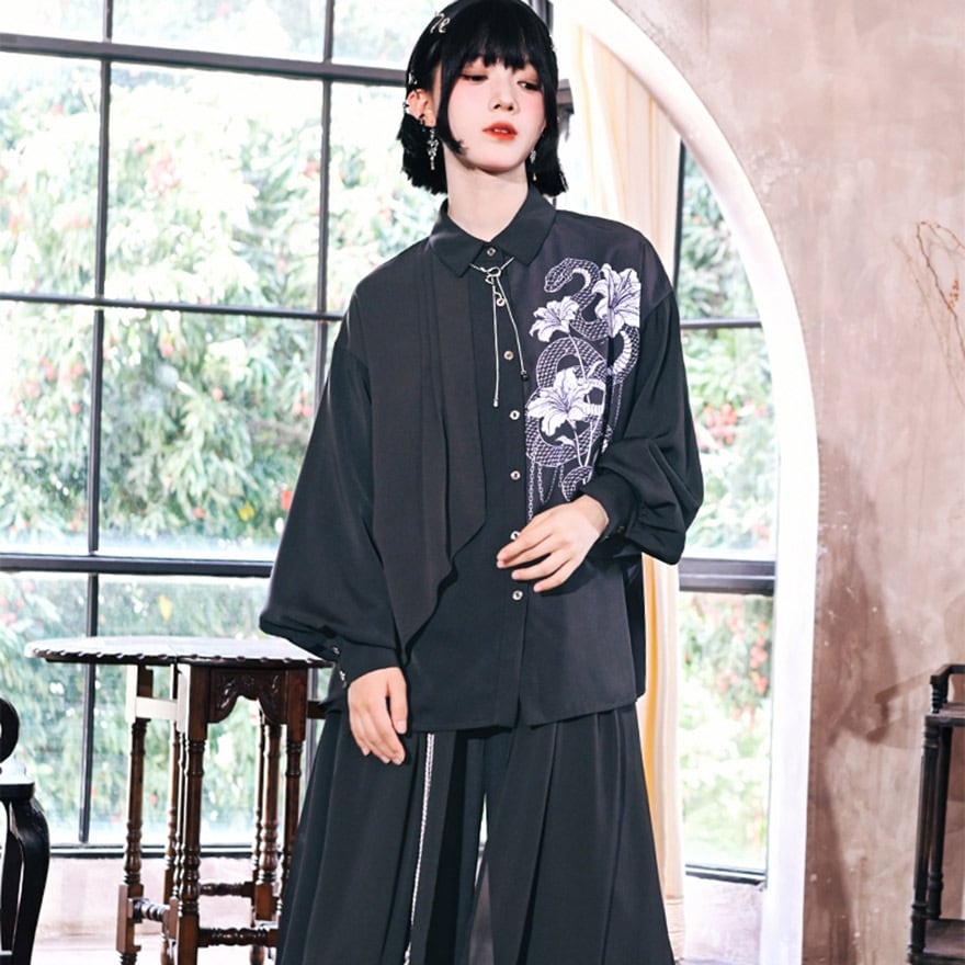 チャイニーズゴシック 古怪舎 レイヤードシャツ 蛇柄 プリント ランタンスリーブ 大人かわいい 個性的