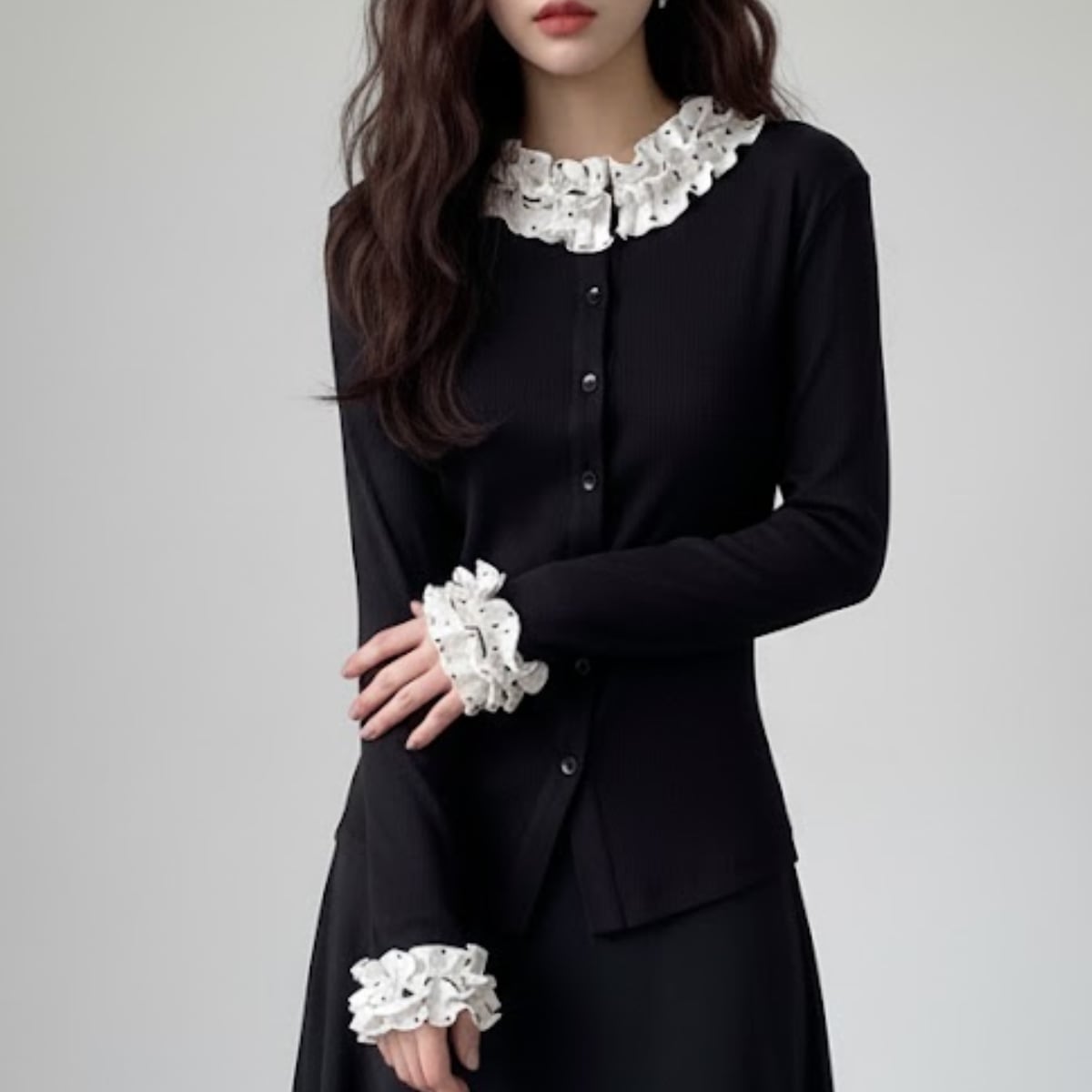 Polka Dot Ruffle Trim Ribbed Cardigan ch0247