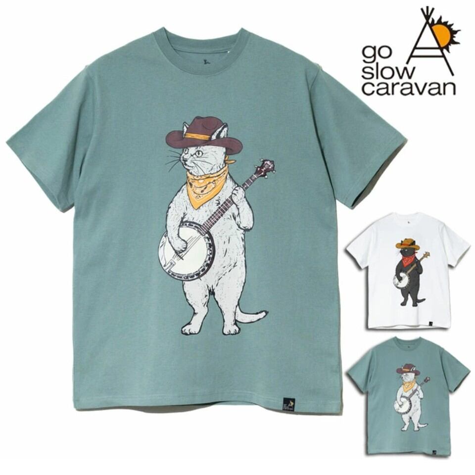 goslowcaravan バンジョー猫Tシャツ（グリーン）