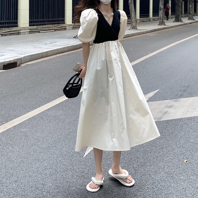 パフスリーブワンピース バックシャン バックリボン ｖネック バイカラー ロングワンピース ミモレ丈ワンピース フェミニン フレンチ ガーリー カジュアル シンプル 韓国 オルチャン 韓国ファッション 新作 春夏 春 夏 Om 607 Musubi Me 韓国 オルチャン レディース